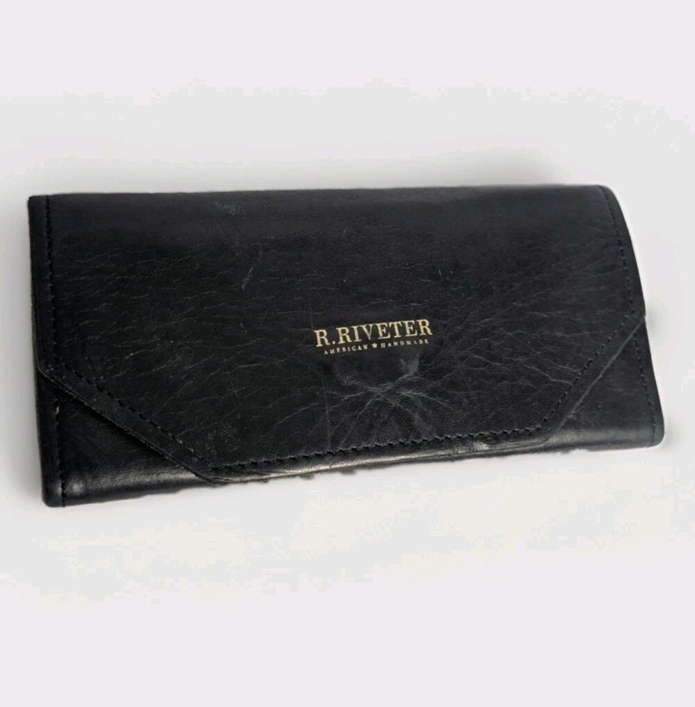 R Riveter Black Leather Wallet Brown Interior Made In USA 8" x 4" Tri Fold Long